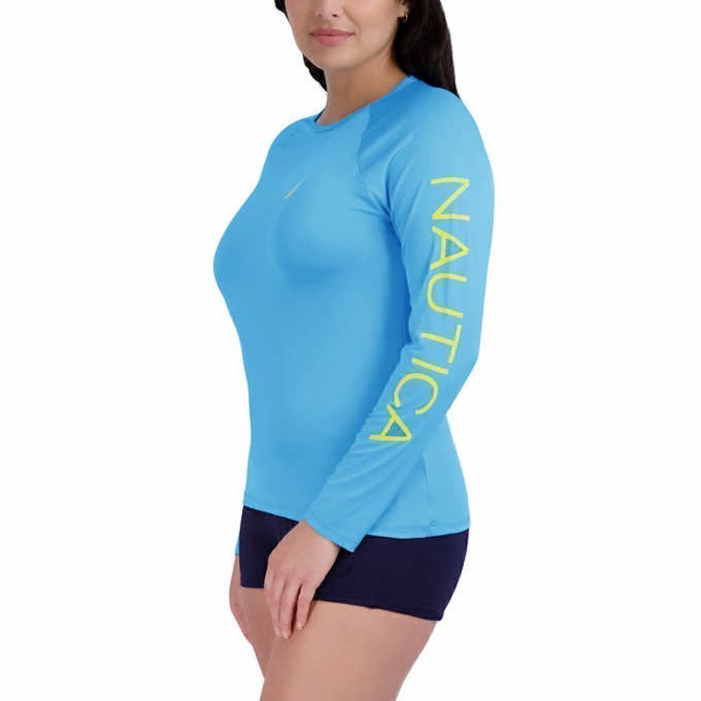Nautica Women's Long Sleeve Rash Guard UPF 30+ Sun Protection Aqua Blue NWT